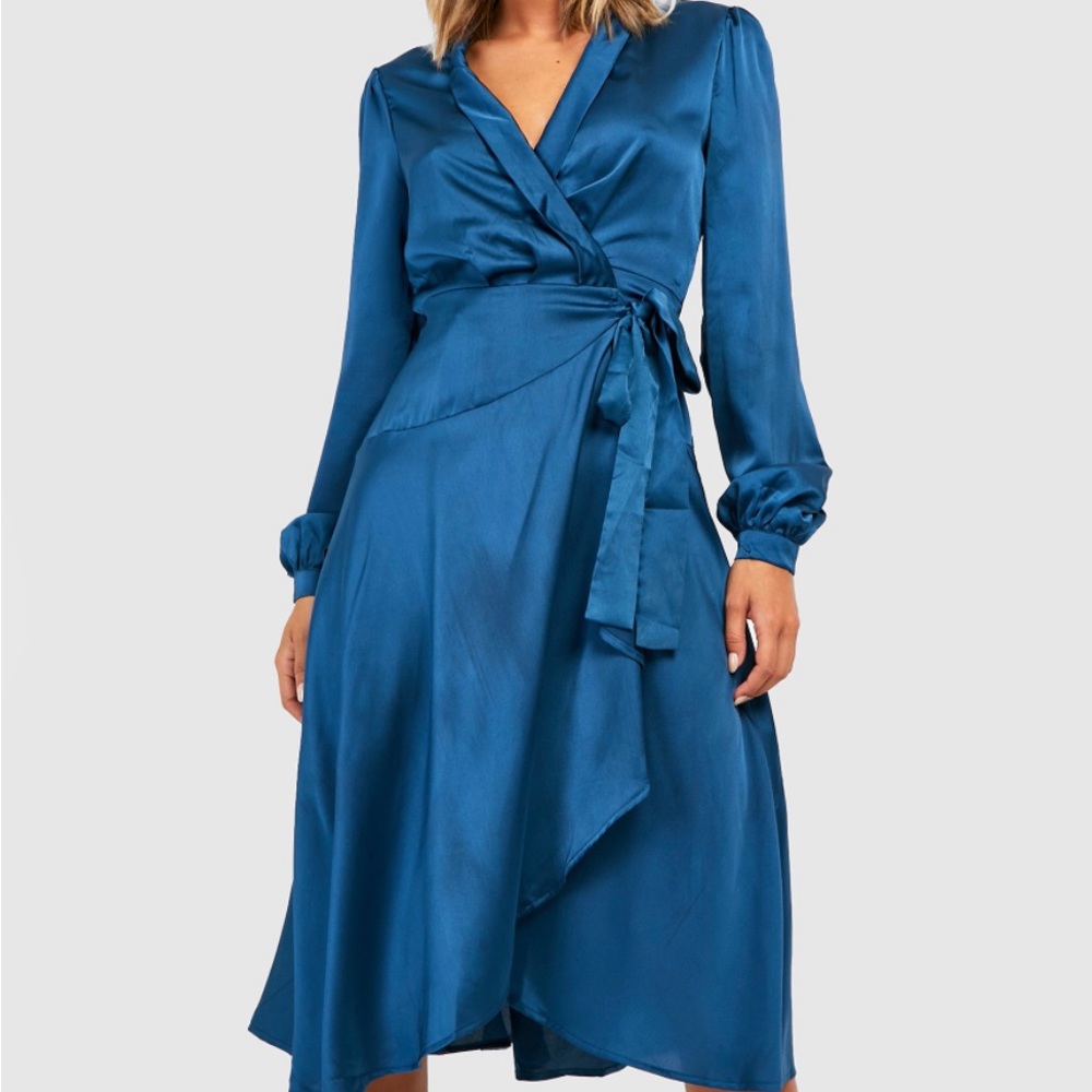Boohoo Satin Wrap Detail Midi Skater Dress, Teal, Size12, all tags included, NEW